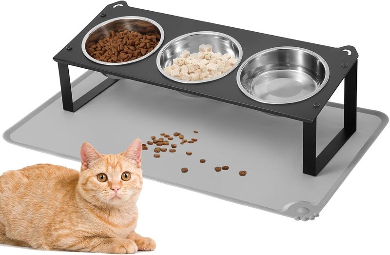 HOVNKUT Elevated Cat Bowls with Food Mat, 10°Tilted Non-Slip Raised Cat Food Water Bowls Set, 3 Thick Stainless Steel Pets Dishes with Cute Metal Feeding Stand for Indoor Kitten Puppy, Anti-Vomiting - Image 1
